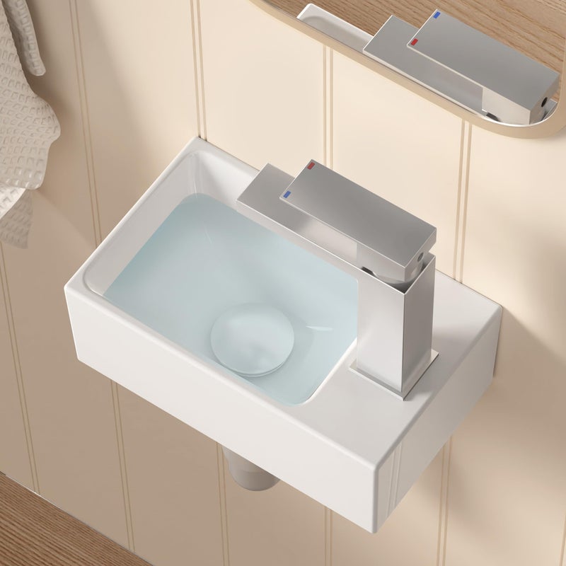 KES Small Vessel Sink 12"" X 7"" for Tiny Bathrooms, Floating Wall Mount Mini Bathroom Sink Right Hand (Sink Only) White, BWS100R - Image 1